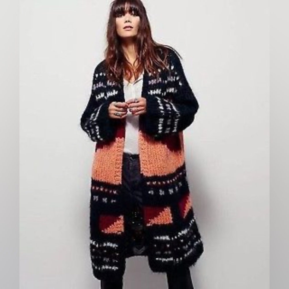 Free People Black Chunky Knit Cardigan Sweater